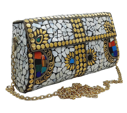 Trend Overseas Handmade mosaic metal bag Stone Ethnic Indian Women/Girls Bridal metal clutch party sling bag