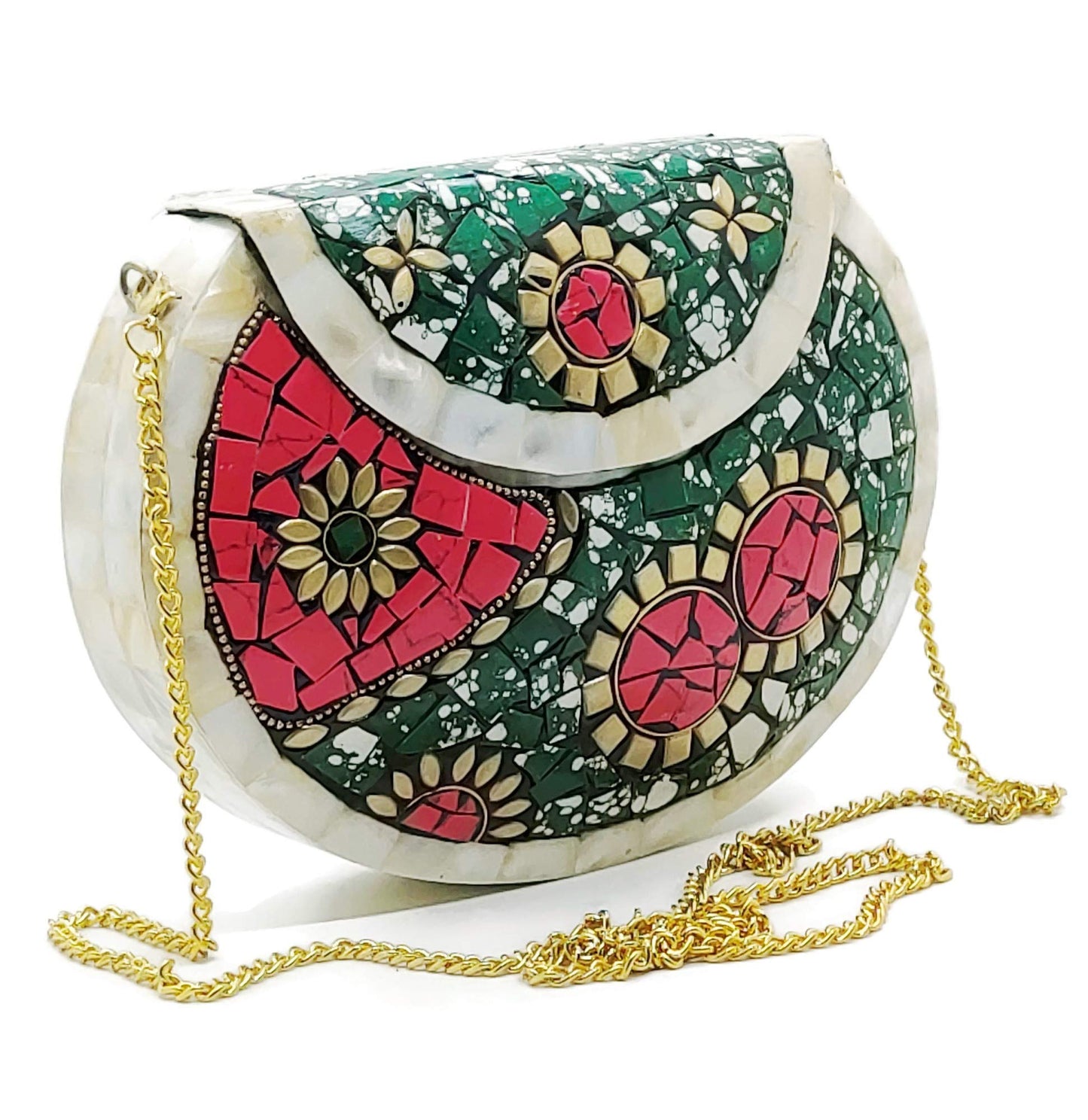 Trend Overseas Antique Indian art Handmade Nacre Stone mosaic metal bag Women/Girls Bridal