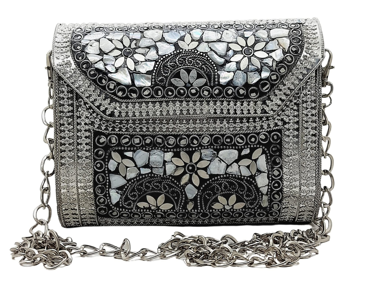 Trend Overseas Antique Indian Handmade Square mosaic metal bag Women/Girls Bridal metal clutch party sling bag