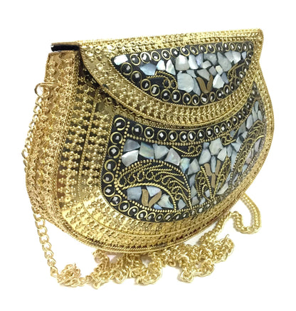 Ethnic Clutch Gift for Women Metal Bag Metal Clutch Vintage Handmade Bags Metal Mosaic Stone Bag, Shell Purse, Sling Bag, Party Bag