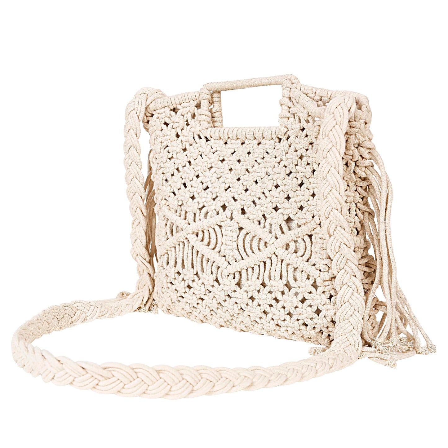 Trend Overseas Handwoven Crochet Craft Women/Girl Ivory (Off-White) Macrame Bag - 100% Natural Cotton Ropes, Lightweight, Fashionable, Multi-Purpose Summer Tote Handbag