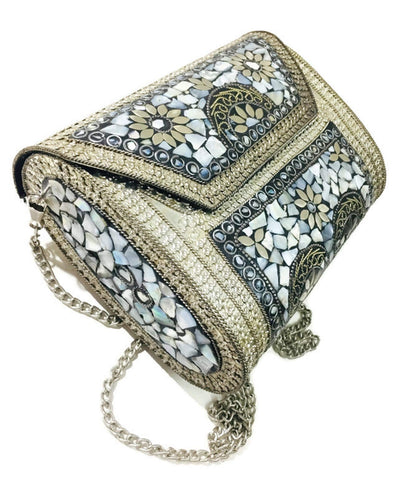 Trend Overseas Antique Indian art Handmade Stone mosaic metal bag Women/Girls Bridal metal clutch party sling bag