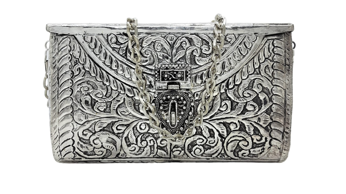 Trend Overseas Women Silver bridal bag Brass Metal Clutch Sling Bag Ethnic Antique clutch