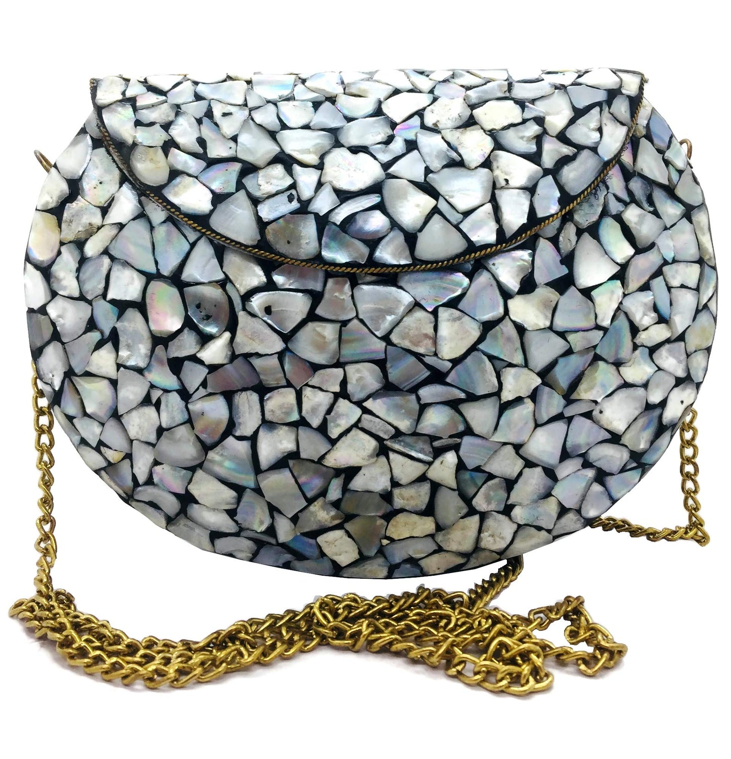 Trend Overseas Women/Girls Bridal metal Sea shell clutch party sling bag Ethnic Indian Handmade mosaic metal bag Silver