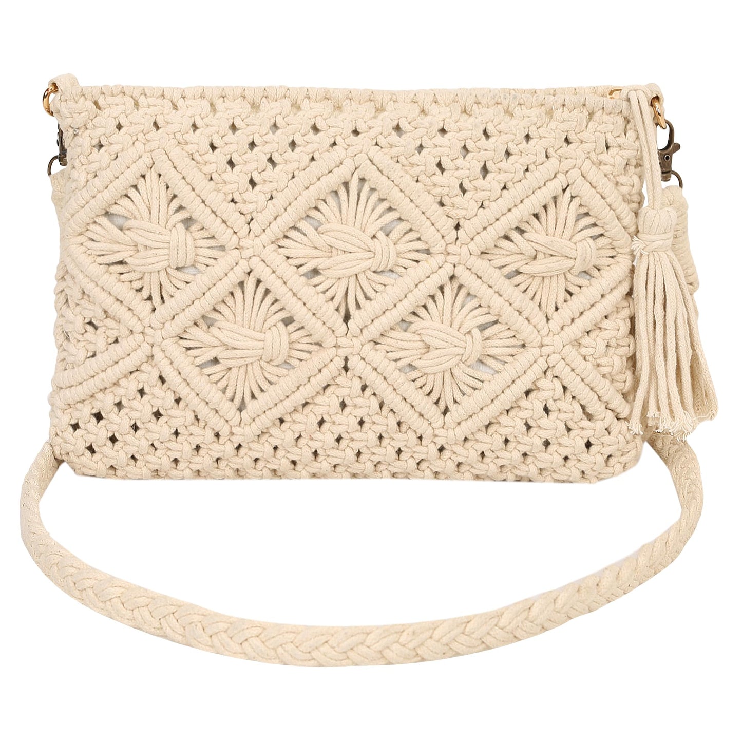 Trend Overseas Handwoven Crochet Craft Women/Girl Ivory (Off-White) Macrame Bag Multi-Purpose Summer Tote Handbag