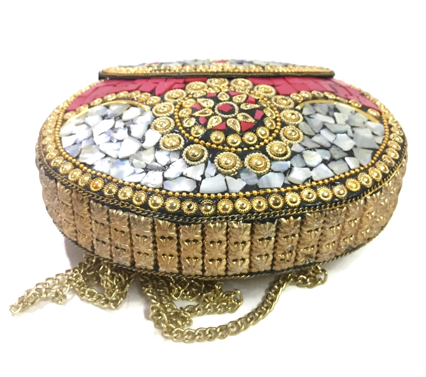 Trend Overseas Red Shell bag metal clutch Indian Ethnic Metal Bag mosaic clutch Antique Wallet purse party bag for women Wedding Box Bridal bag