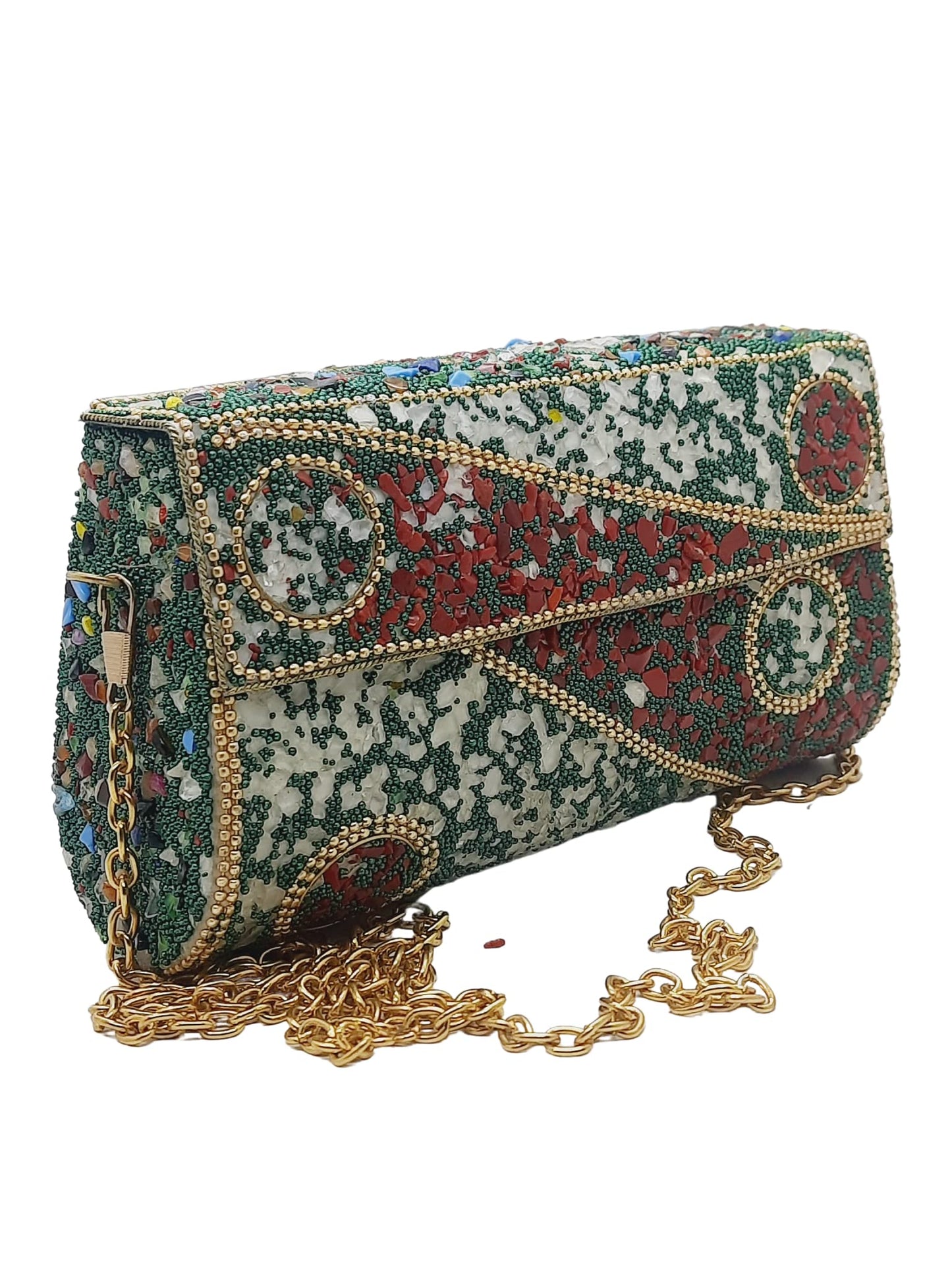 Trend Overseas Handmade Cut Stone mosaic metal bag Stone Clutch Ethnic Indian Women/Girls Bridal metal clutch party sling bag (Red)