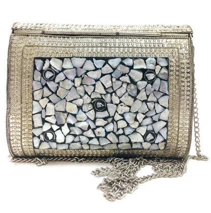 Trend Overseas Antique Indian art Handmade Stone mosaic metal bag Women/Girls Bridal metal clutch party sling bag