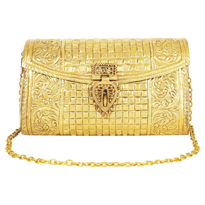 Trend Overseas Women Golden Bridal Metal Clutches Ethnic Handmade Brass Purse Metal Party Bag Antique Hand Carving Purse