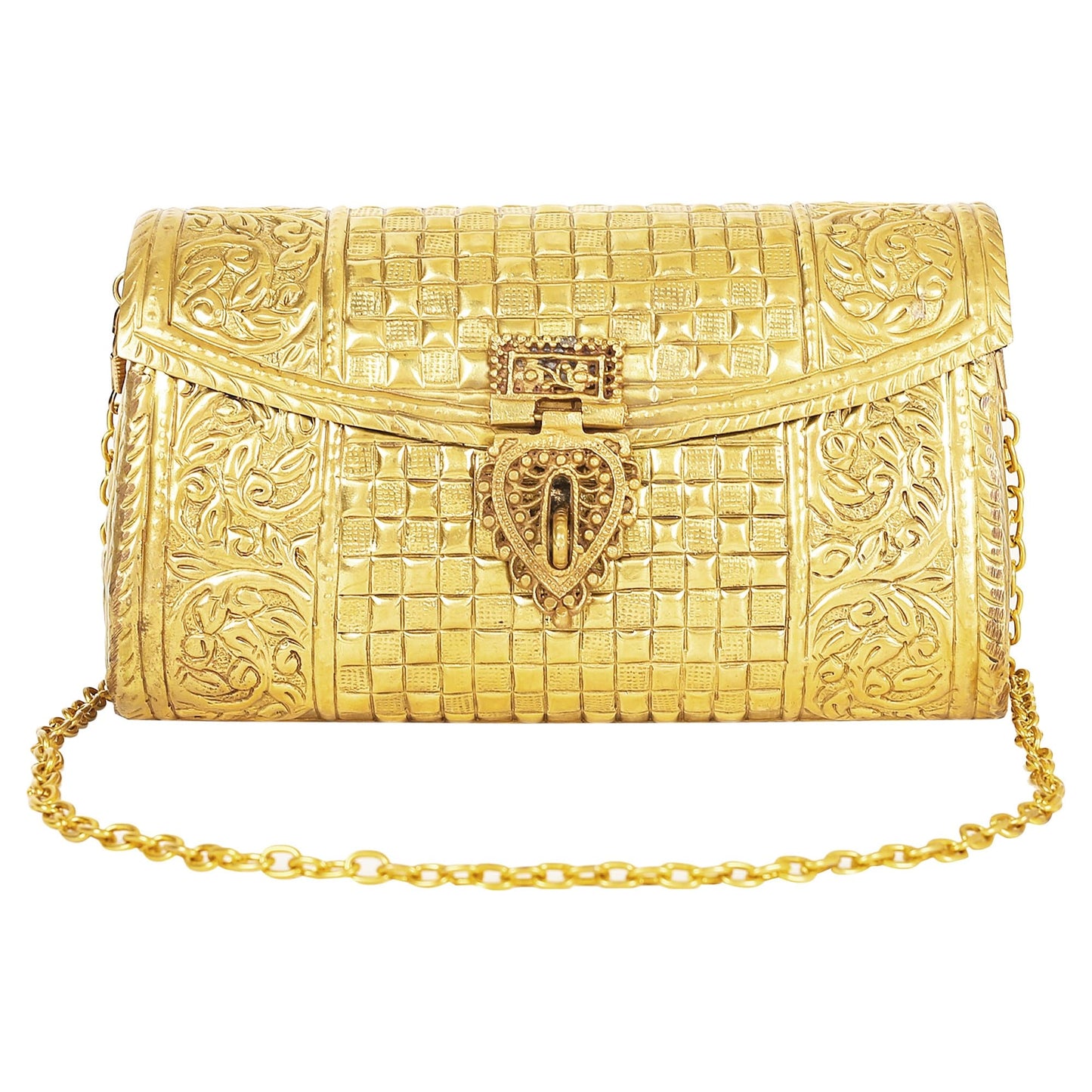 Trend Overseas Women Golden Bridal Metal Clutches Ethnic Handmade Brass Purse Metal Party Bag Antique Hand Carving Purse