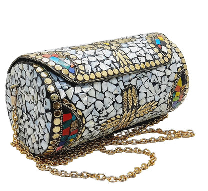 Trend Overseas Handmade Mosaic Multi color Stone Clutch Cylindrical Round Ethnic bag Antique Bridal Sling Bag Crossbody Bag