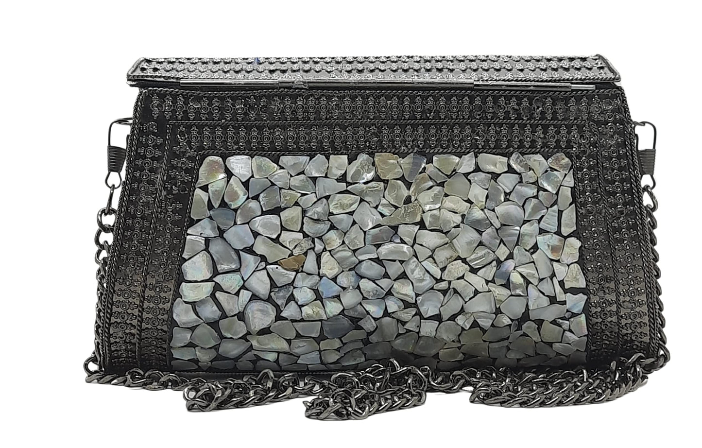 Trend Overseas Women's Antique Black Color shell nacre stone bag ethnic clutch metal bag party clutch