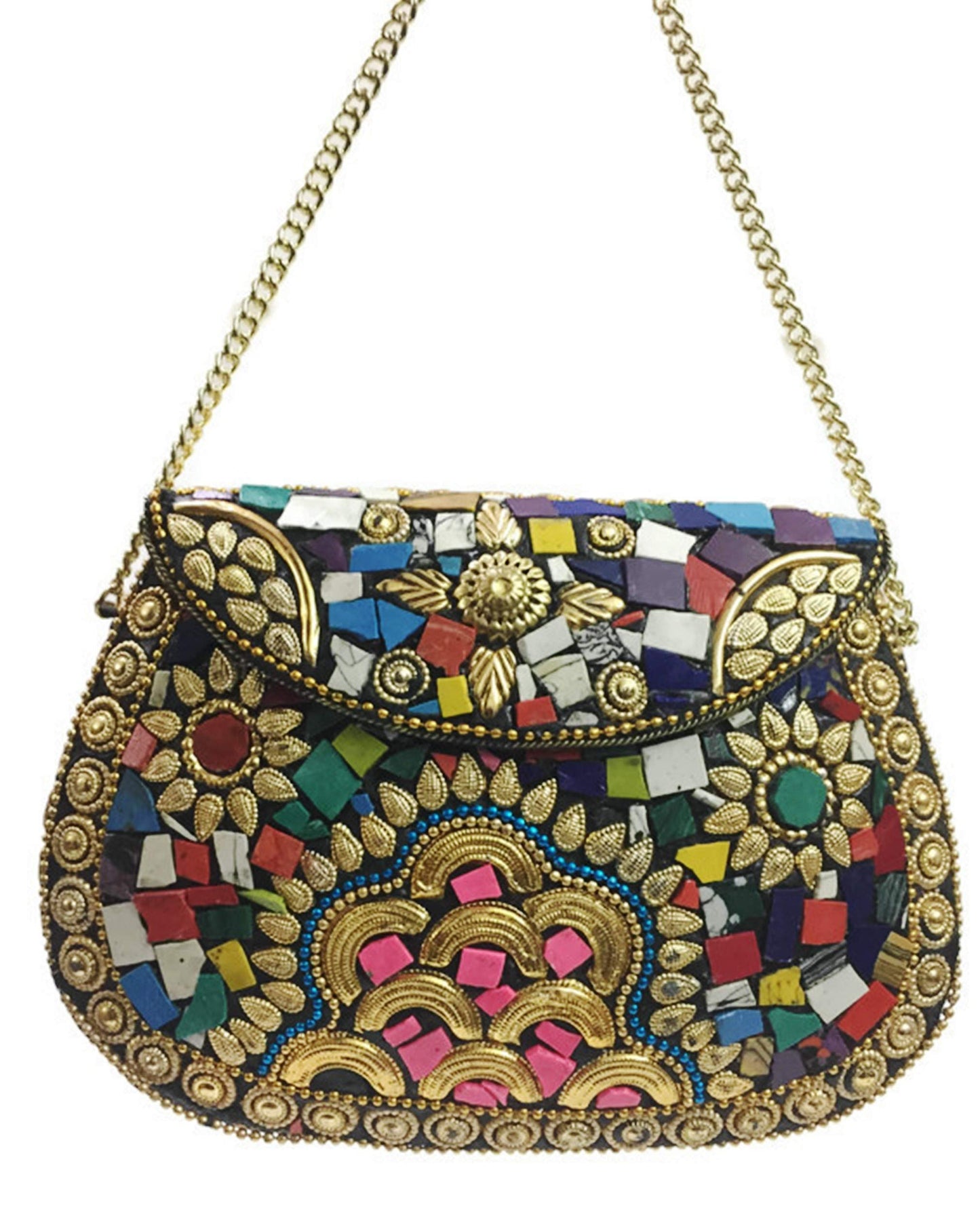 Trend Overseas Multi color stone Women's Metal Mosaic Shell Mop Wedding Party Box Clutch