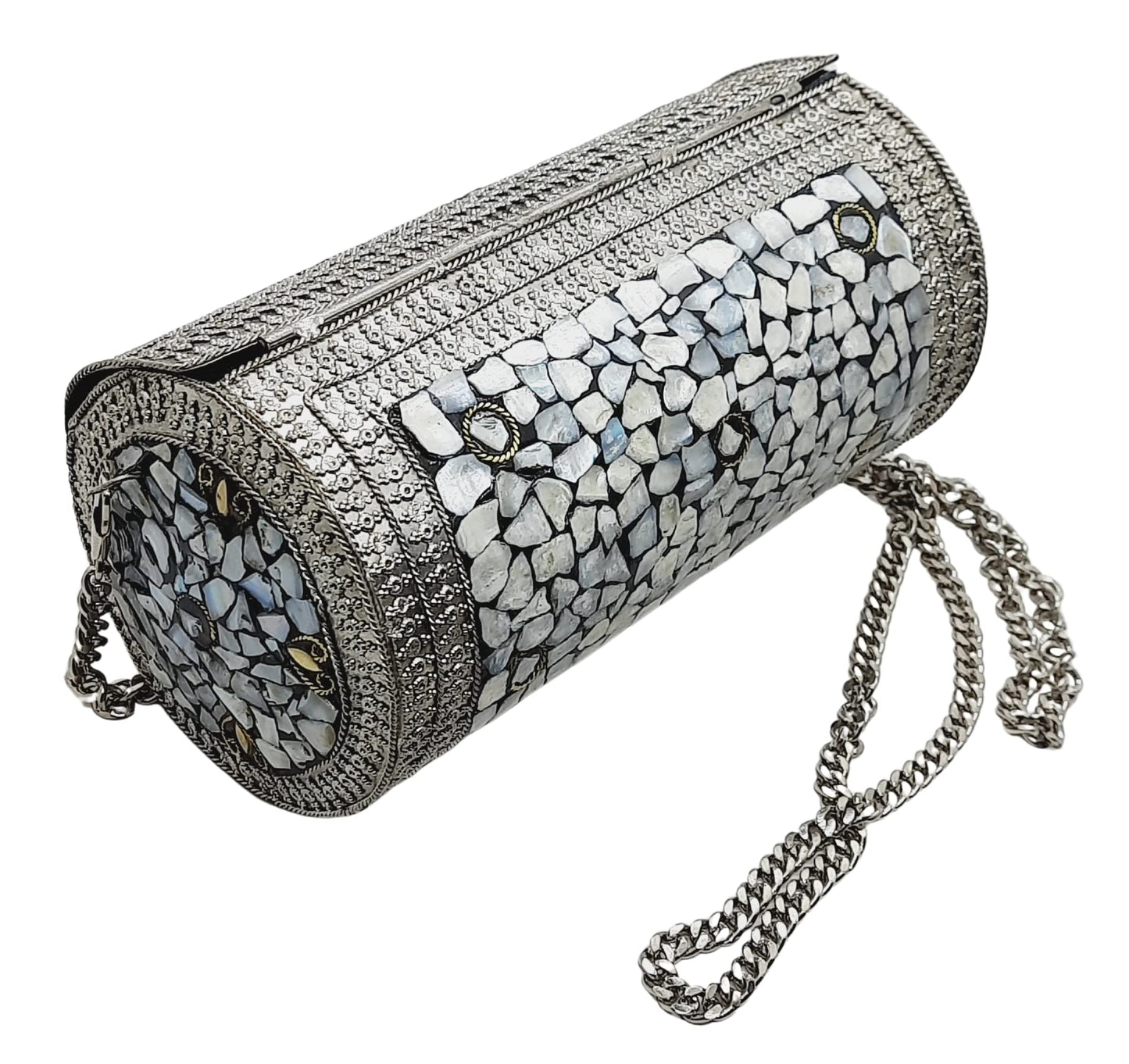 Trend Overseas Womens Eye Catching Handmade Cylinder Round Ethnic Silver Metal Bag Antique Bridal Clutch