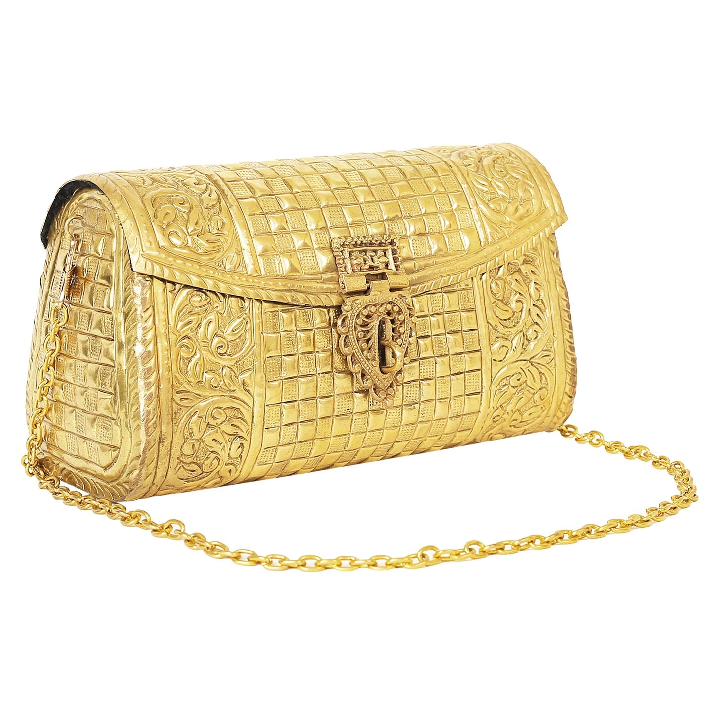 Trend Overseas Women Golden Bridal Metal Clutches Ethnic Handmade Brass Purse Metal Party Bag Antique Hand Carving Purse