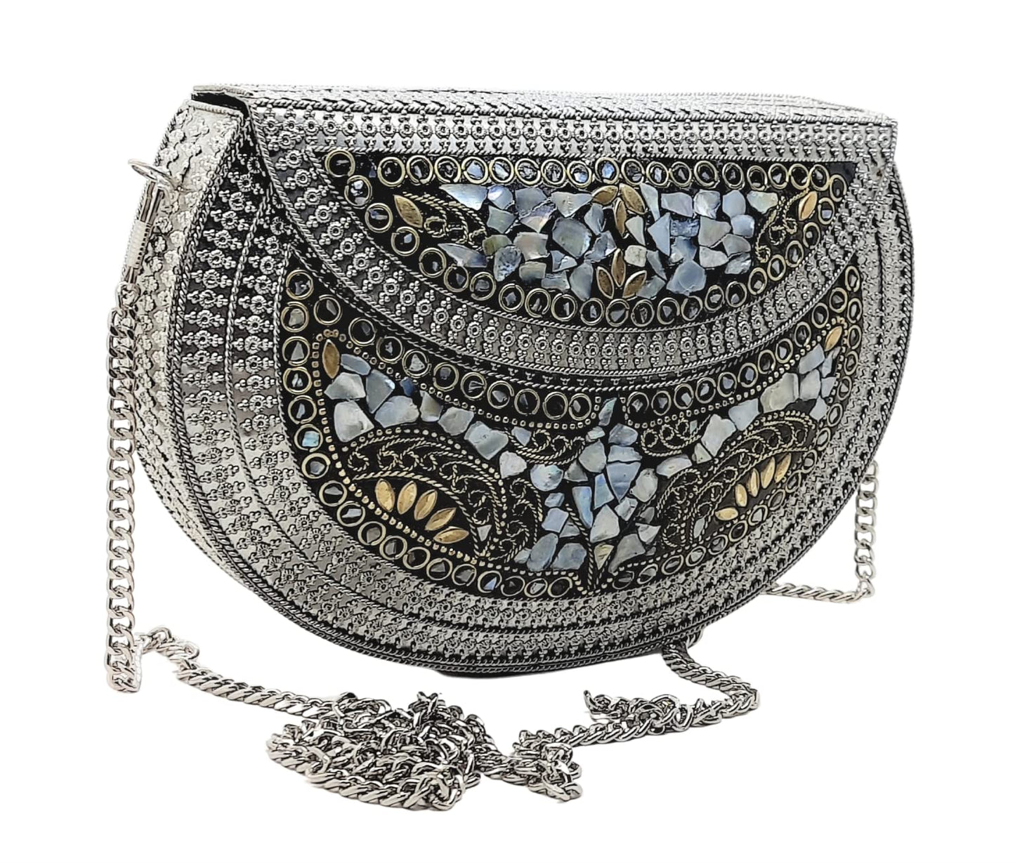 Trend Overseas Silver Girls' Women Messenger Bag Metal Clutch Bridal Bag Antique Purse