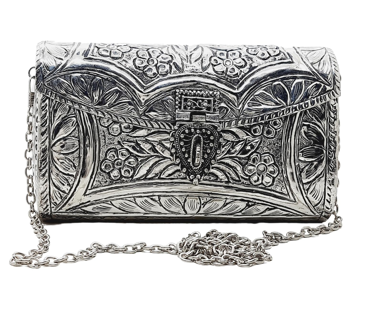 Trend Overseas Women Silver Bridal Metal Clutch - Handmade Brass Purse with Antique Hand Carving for Parties and Functions