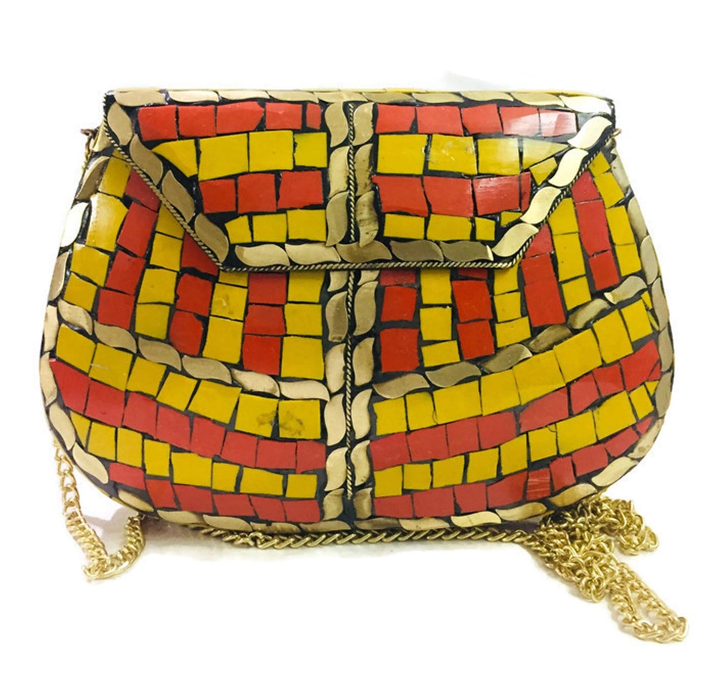 Trend Overseas Women Bridal yellow shaded mosaic metal bag antique ethnic clutch Indian antique purse party clutch women bag