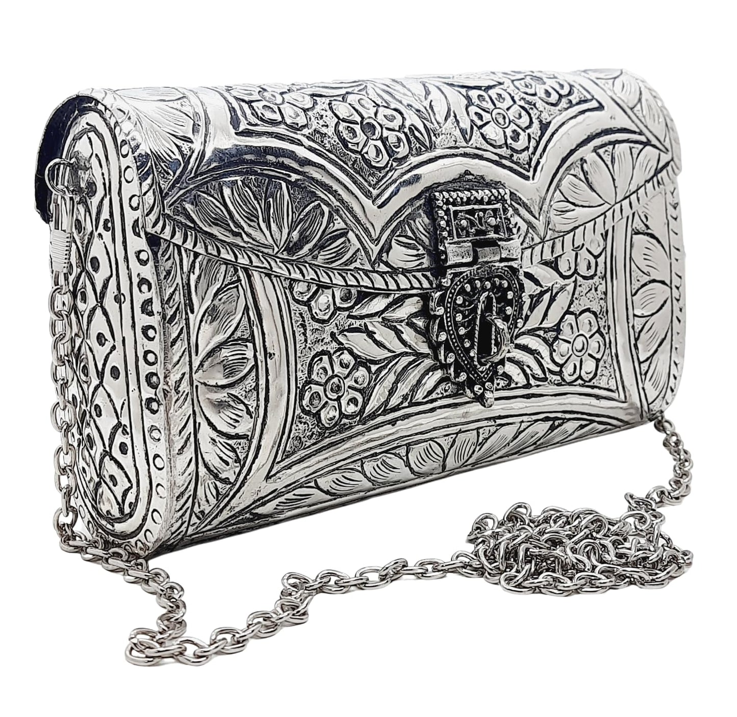 Trend Overseas Women Silver Bridal Metal Clutch - Handmade Brass Purse with Antique Hand Carving for Parties and Functions