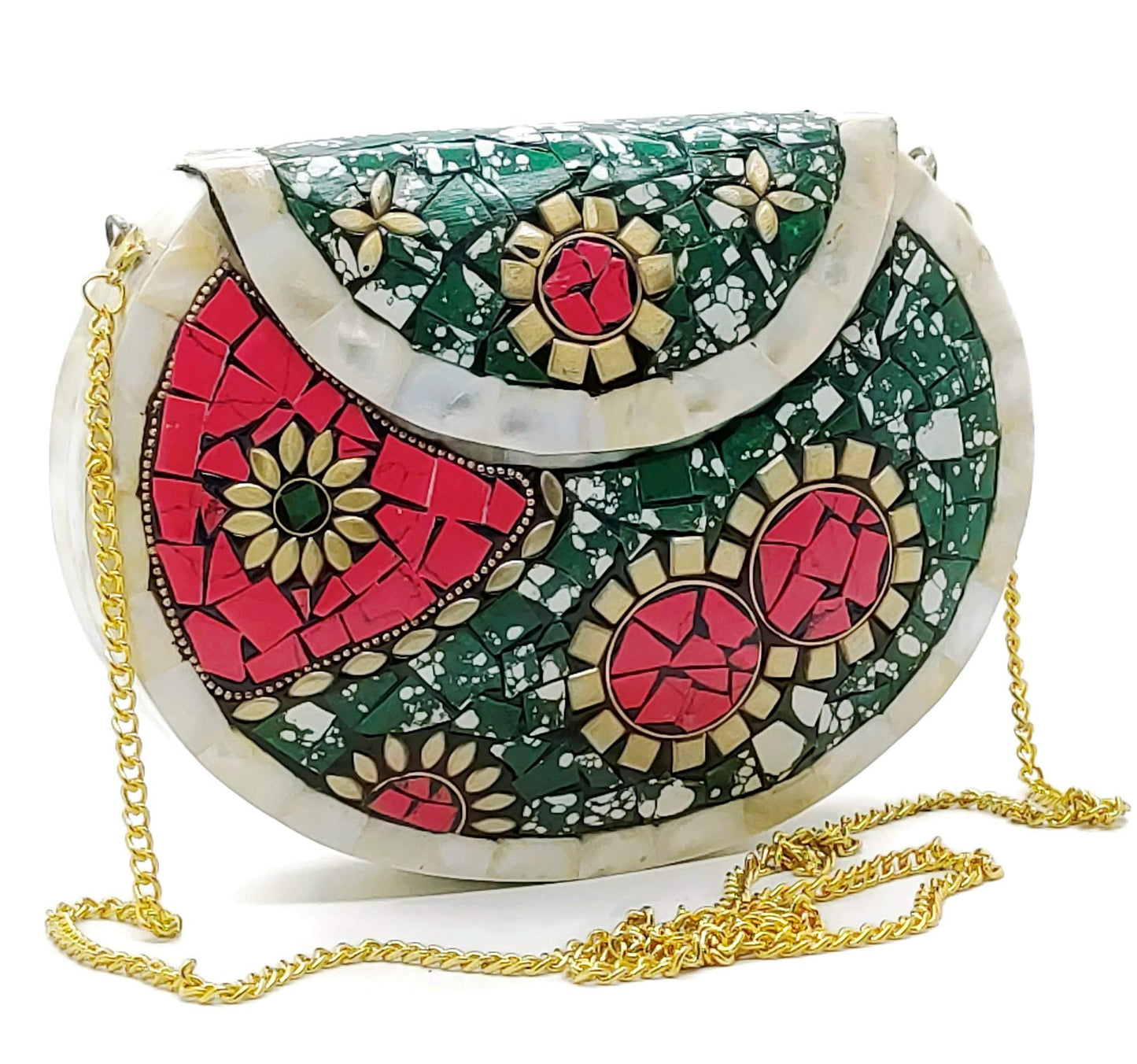 Trend Overseas Antique Indian art Handmade Nacre Stone mosaic metal bag Women/Girls Bridal