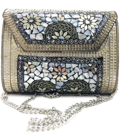 Trend Overseas Antique Indian art Handmade Stone mosaic metal bag Women/Girls Bridal metal clutch party sling bag