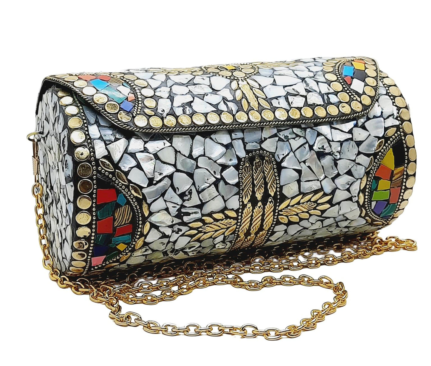 Trend Overseas Handmade Mosaic Multi color Stone Clutch Cylindrical Round Ethnic bag Antique Bridal Sling Bag Crossbody Bag