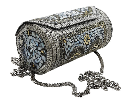 Trend Overseas Womens Eye Catching Handmade Cylinder Round Ethnic Silver Metal Bag Antique Bridal Clutch