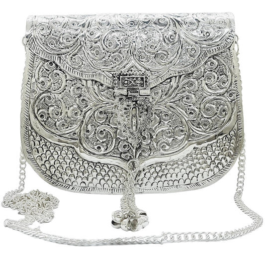 Trend Overseas Women Silver Bridal Metal Clutch - Antique Hand Carving Bag Bridal Antique Purse