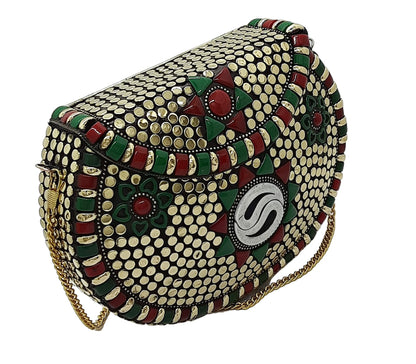 Trend Overseas Multicolor Acrylic Stone Golden metal Bead Clutch Girls Bridal Bag for women/Girl party clutch