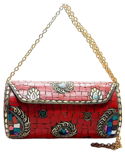 Trend Overseas Handmade Mosaic Multi color Stone Clutch Cylindrical Round Ethnic bag Antique Bridal Sling Bag Crossbody Bag