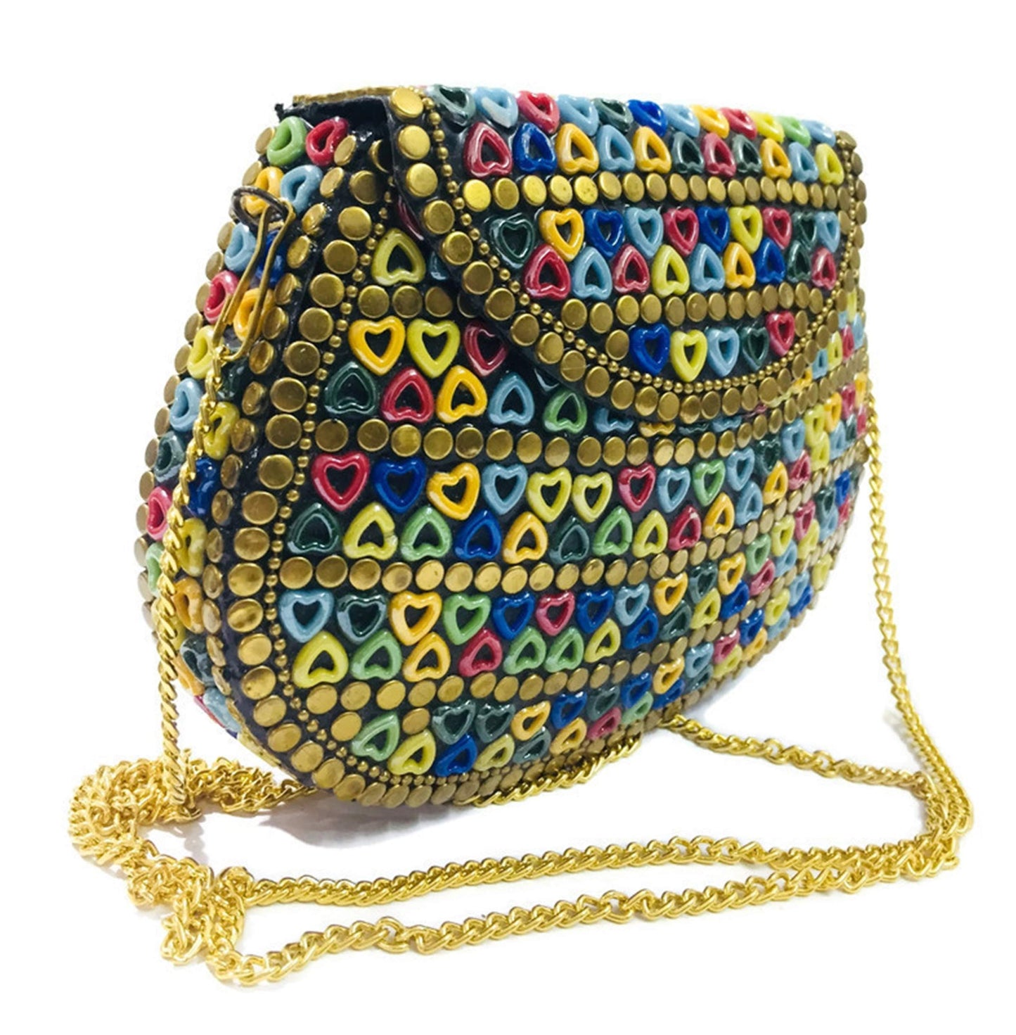 Trend Overseas Multicolor Resin heart bag Women/Girls Bridal clutch party sling bag mosaic metal bag antique ethnic clutch Indian purse party clutch