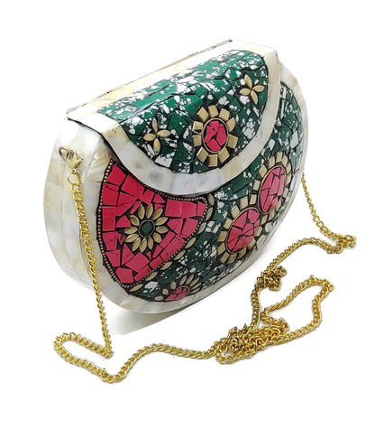 Trend Overseas Antique Indian art Handmade Nacre Stone mosaic metal bag Women/Girls Bridal