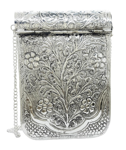 Trend Overseas Women Silver Bridal Metal Clutch - Antique Metal Cellphone Bag - Mobile Bag