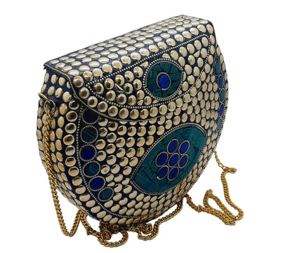 Trend Overseas Heart Design Stone Mosaic Clutch Ethnic Indian Handmade Small Size Bridal Clutch (Golden Metal Beads)