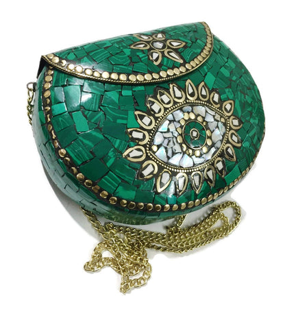 Trend Overseas Turquoise stone mosaic metal bag antique ethnic bridal clutch Indian purse party clutch women bag