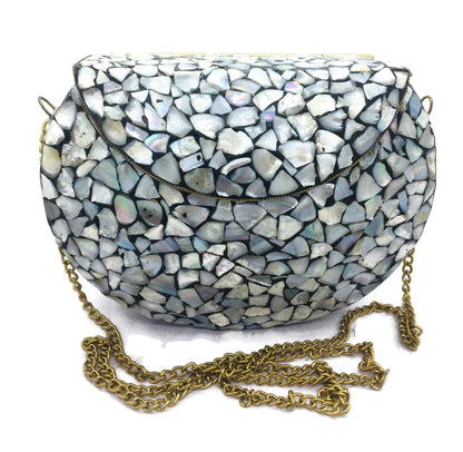 Trend Overseas Women/Girls Bridal metal Sea shell clutch party sling bag Ethnic Indian Handmade mosaic metal bag Silver