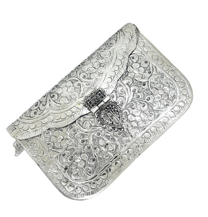 Trend Overseas Women Silver Bridal Metal Clutch Sling Bag Shoulder Bag - Antique Hand Carving Bag Bridal Antique Purse