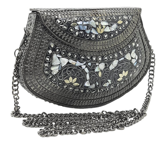 Trend Overseas Women's Antique Black Color Sea Shell bag ethnic clutch metal bag party clutch