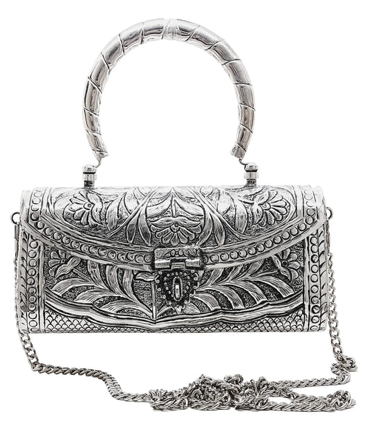 Trend Overseas Women's Silver Brass Metal Handle Clutch Handmade Antique Ethnic Hand Clutch