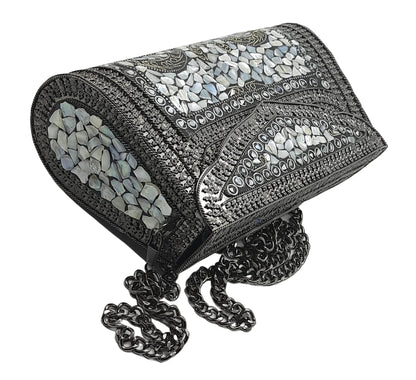 Trend Overseas Women's Antique Black Color shell nacre stone bag ethnic clutch metal bag party clutch