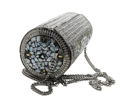 Trend Overseas Womens Eye Catching Handmade Cylinder Round Ethnic Silver Metal Bag Antique Bridal Clutch