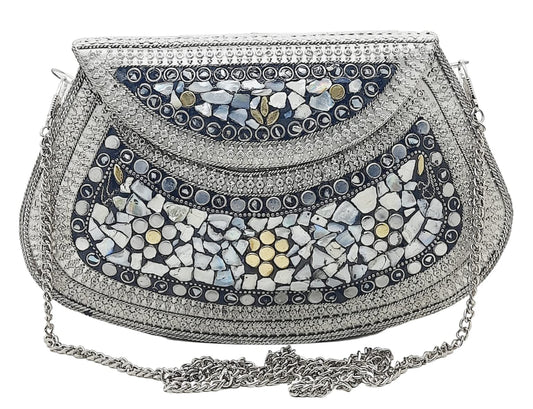 Trend Overseas Handmade Silver Metal Clutch Sling Bag Bridal Party Purse