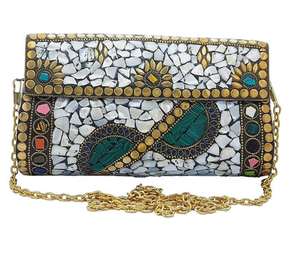 Trend Overseas Handmade mosaic metal bag Stone Ethnic Indian Women/Girls Bridal metal clutch party sling bag