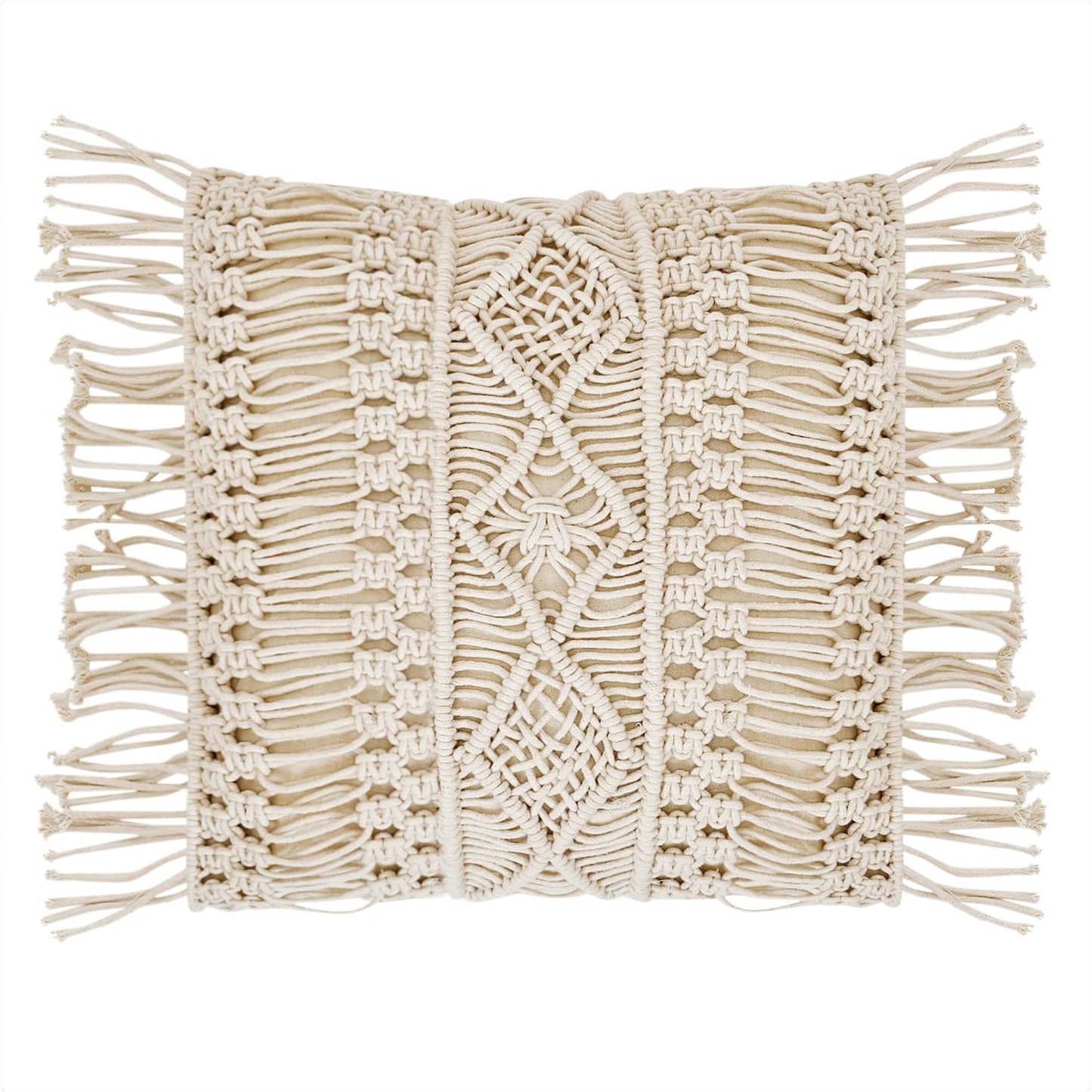 Trend Overseas Ivory Cotton Off-White Handwoven Macrame Cushion Cover Boho Handmade Knit case Sofa Decor Fringes Diwali decor (Square, Off-White, 16x16 Inches)