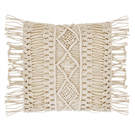 Trend Overseas Ivory Cotton Off-White Handwoven Macrame Cushion Cover Boho Handmade Knit case Sofa Decor Fringes Diwali decor (Square, Off-White, 16x16 Inches)