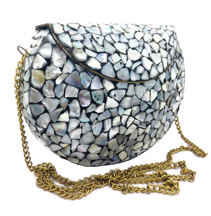 Trend Overseas Women/Girls Bridal metal Sea shell clutch party sling bag Ethnic Indian Handmade mosaic metal bag Silver