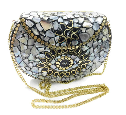 Trend Overseas Women's Shell stone Mosaic Metal Bag Antique Indian Ethnic Clutch Purse (Multicolor)