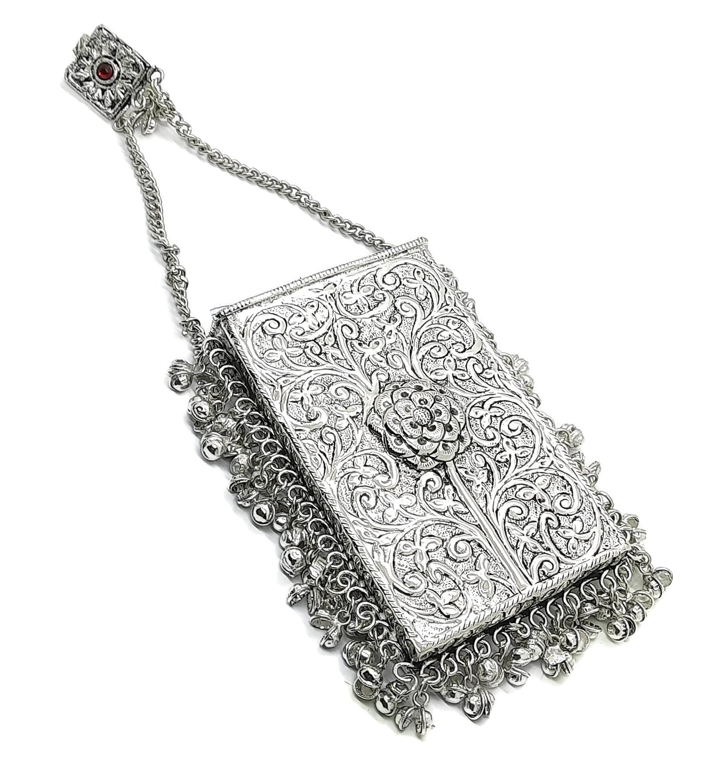 Trend Overseas Silver Metal bag Mobile Cellphone Holder Phone Pouch Cover and Sari Hook for Women Saree Clutch