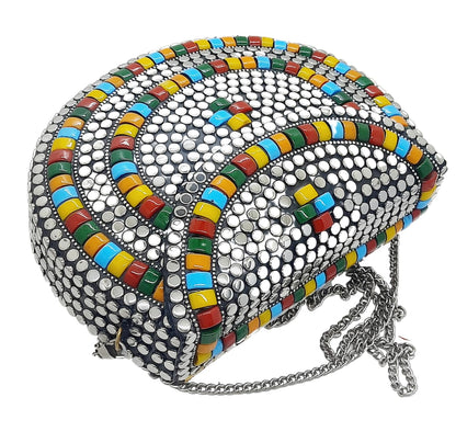 Trend Overseas Silver metal Beaded Ethnic purse Girls Bridal Bag cross body bag for women/Girl party clutch Metal clutches Vintage Brass