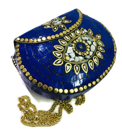 Trend Overseas Blue stone mosaic metal bag antique ethnic clutch indian antique purse party clutch women bag